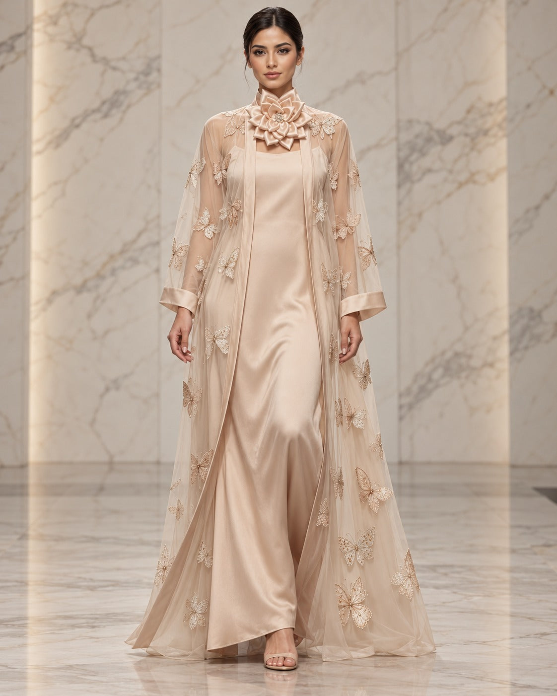 Papillon blush champagne butterfly appliqué abaya with a sheer open front, long sleeves and a loose, flowing silhouette, front view