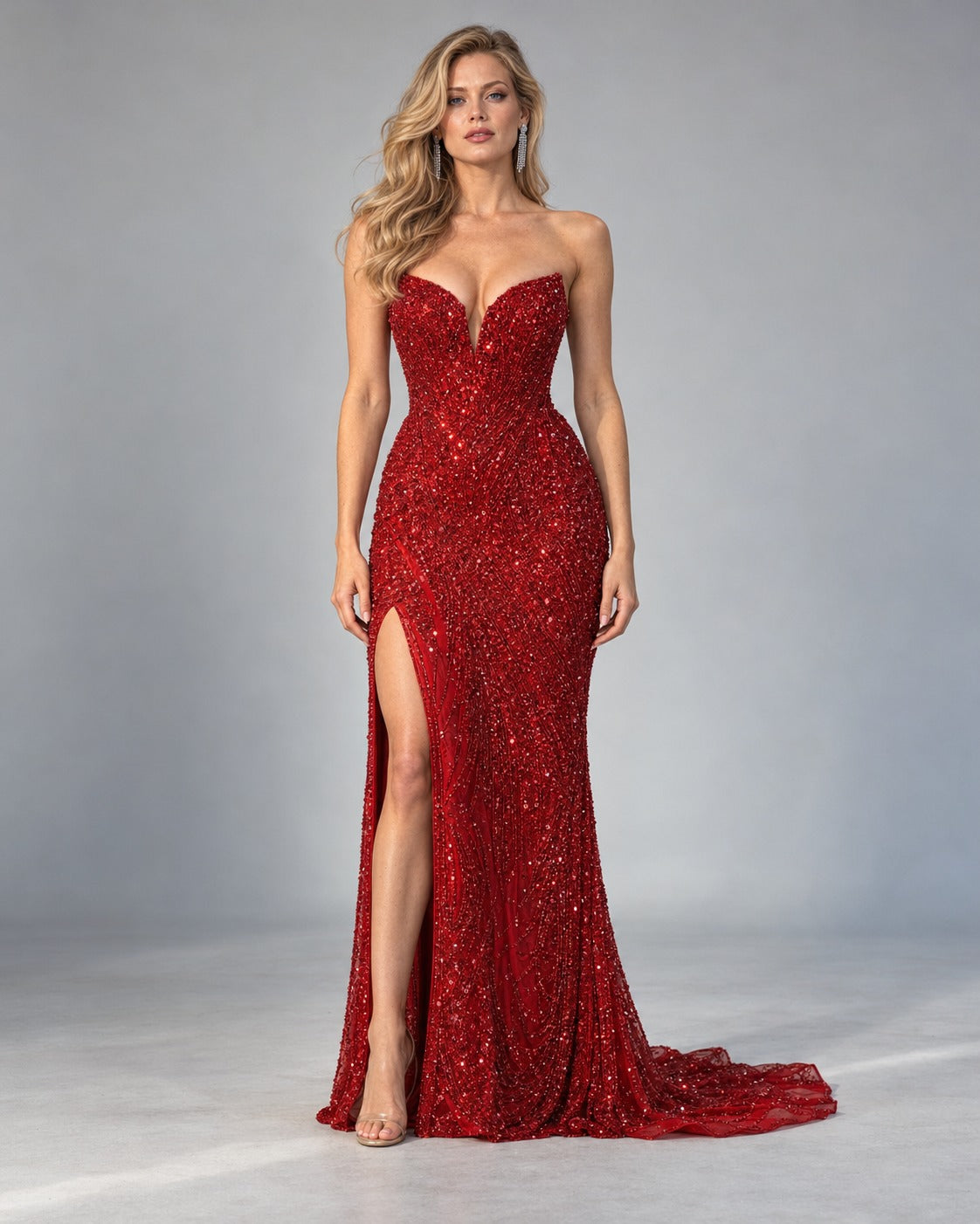 Wave strapless embellished evening gown in Red, front view #Color_Red