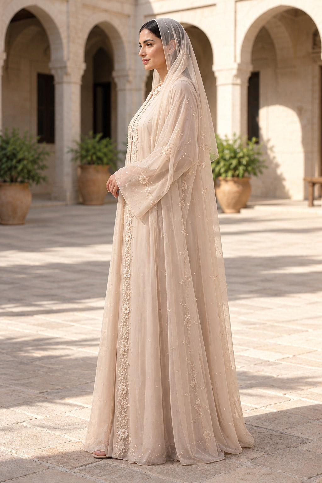 Aurelle champagne beige embellished abaya with floral front detailing, a rounded neckline and long, wide sleeves, side view
