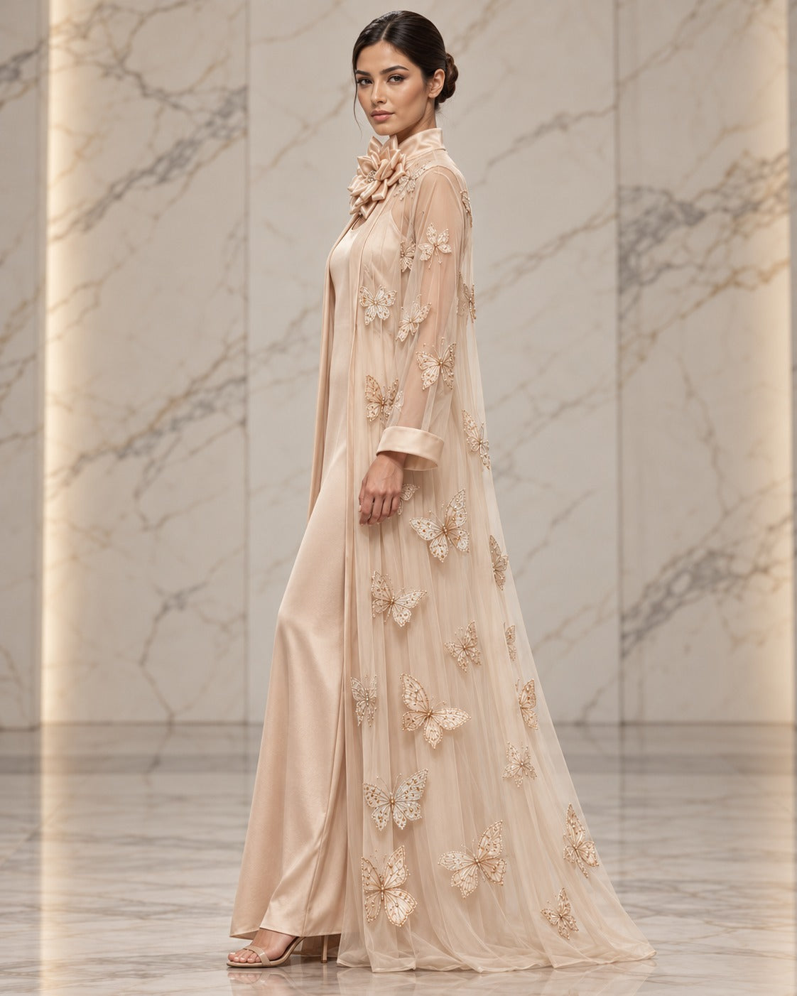 Papillon blush champagne butterfly appliqué abaya with a sheer open front, long sleeves and a loose, flowing silhouette, side view