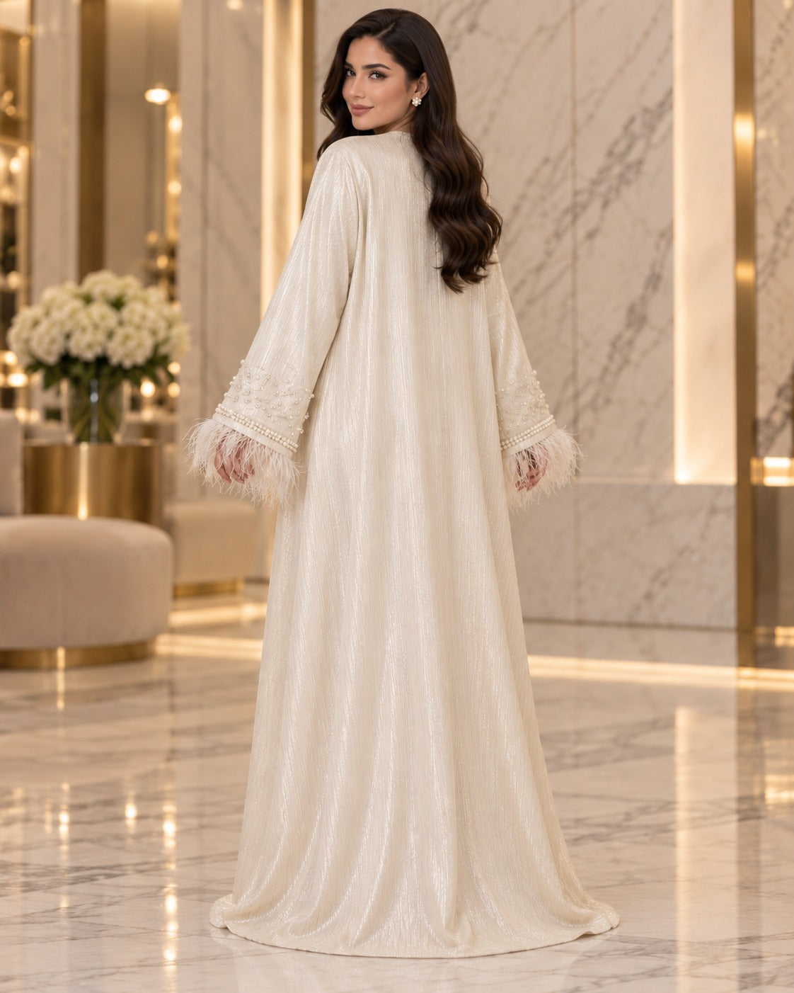 Lulu ivory open-front abaya with pearl-style beaded detailing, long sleeves, feather-trim cuffs and a subtle textured sheen, back view