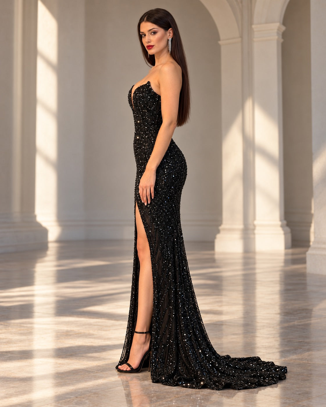 Wave strapless embellished evening gown in Black, side view #Color_Black