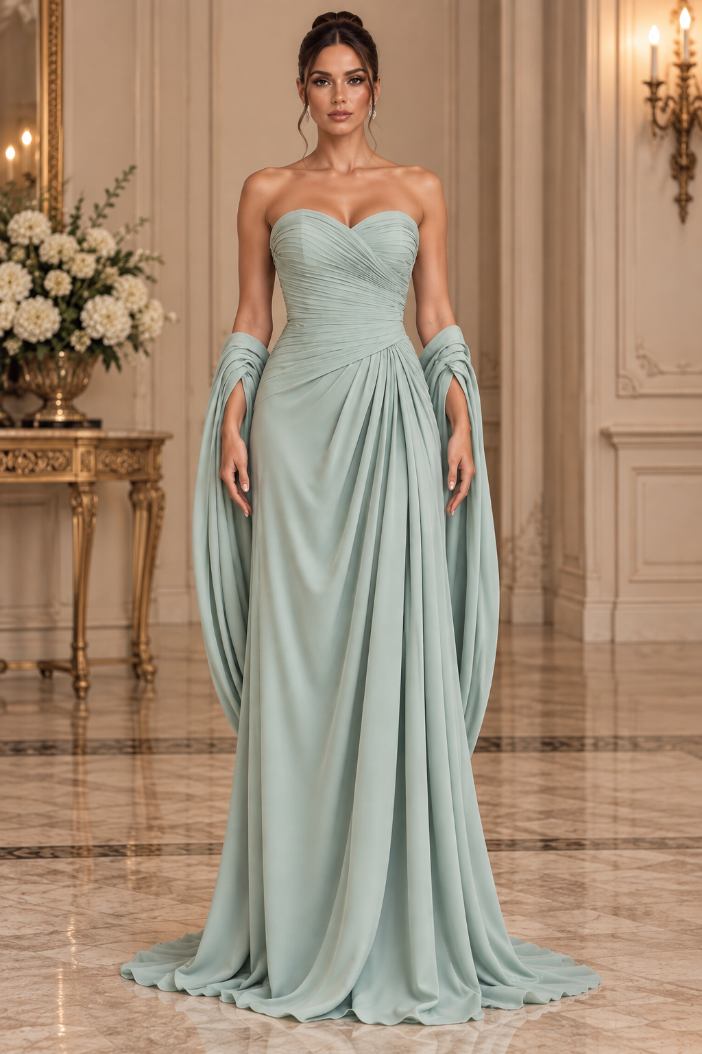 Sage Cascade pale sage green draped evening gown with a pleated strapless bodice and flowing sleeves.