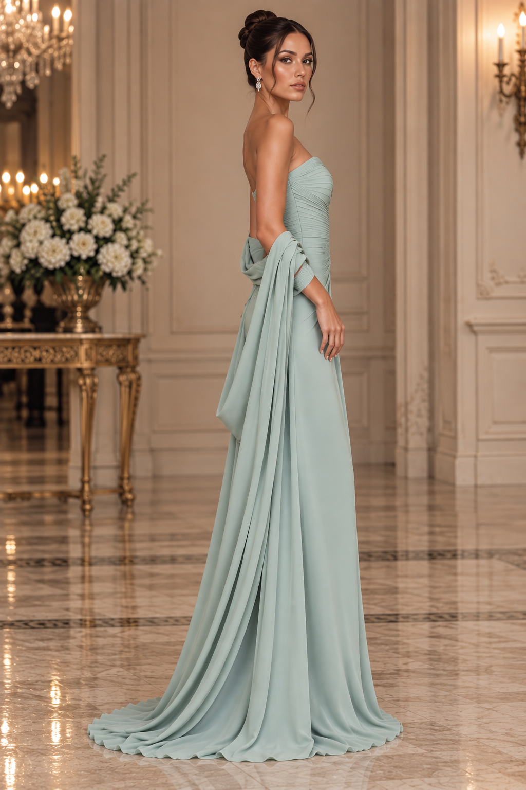 Sage Cascade pale sage green draped evening gown with a pleated strapless bodice and flowing sleeves.