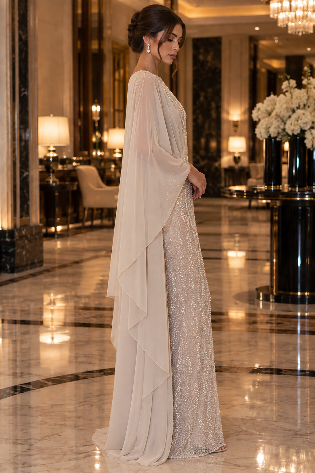 Éclat Gown in Champagne and Ivory, a beaded lace evening gown with a sheer draped cape and a gathered waist.