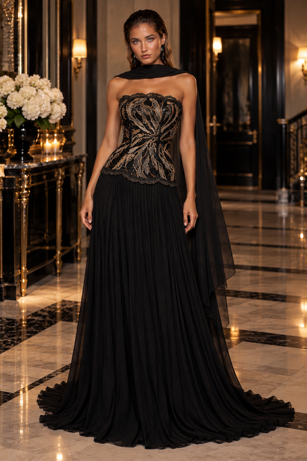 Floral Cascade evening gown in Black and Gold with a strapless gold beaded vine-embroidered bodice, flowing pleated skirt with train and draped scarf.
