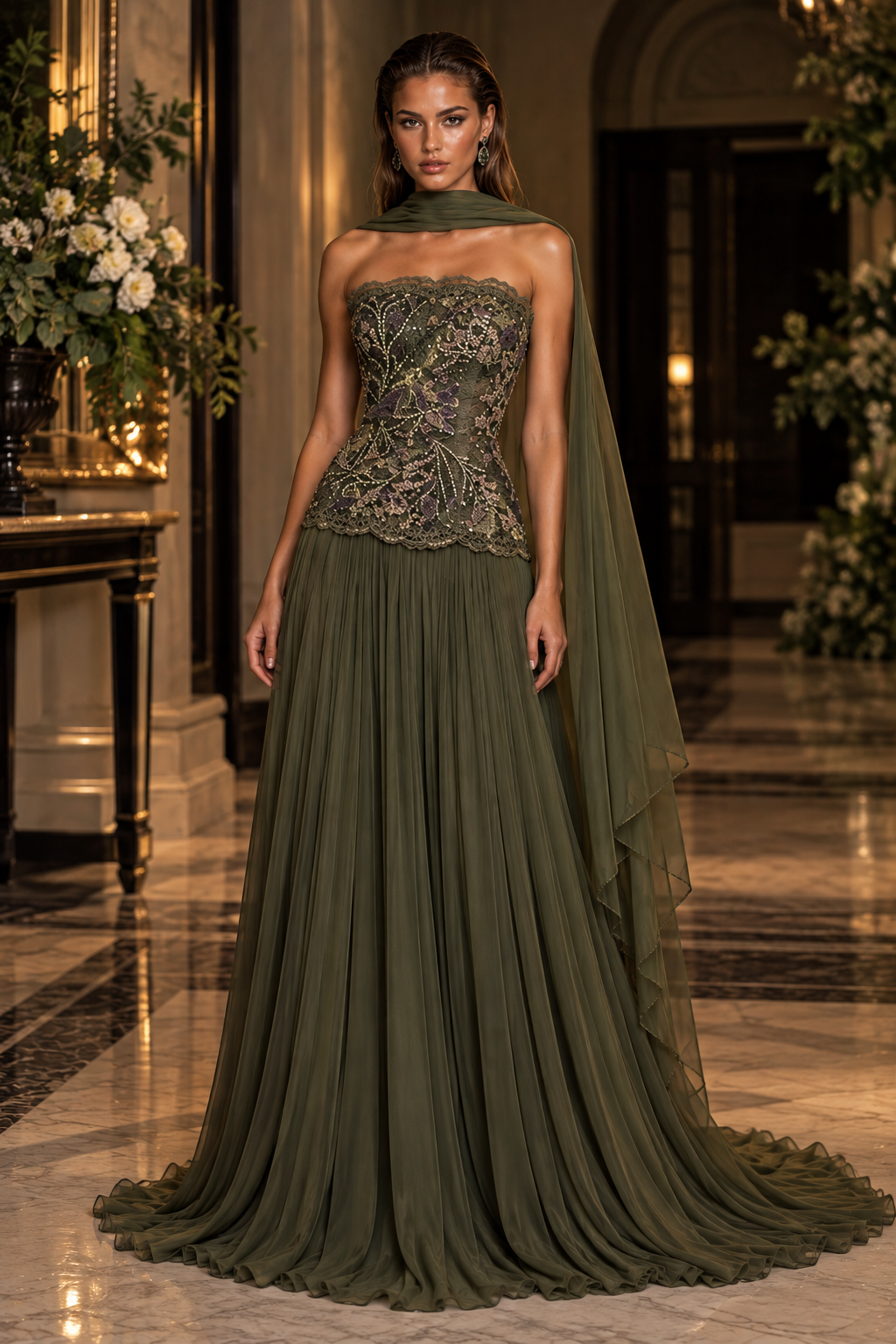 Floral Cascade evening gown in Olive Green with a strapless floral lace bodice, flowing pleated skirt with train and draped scarf.