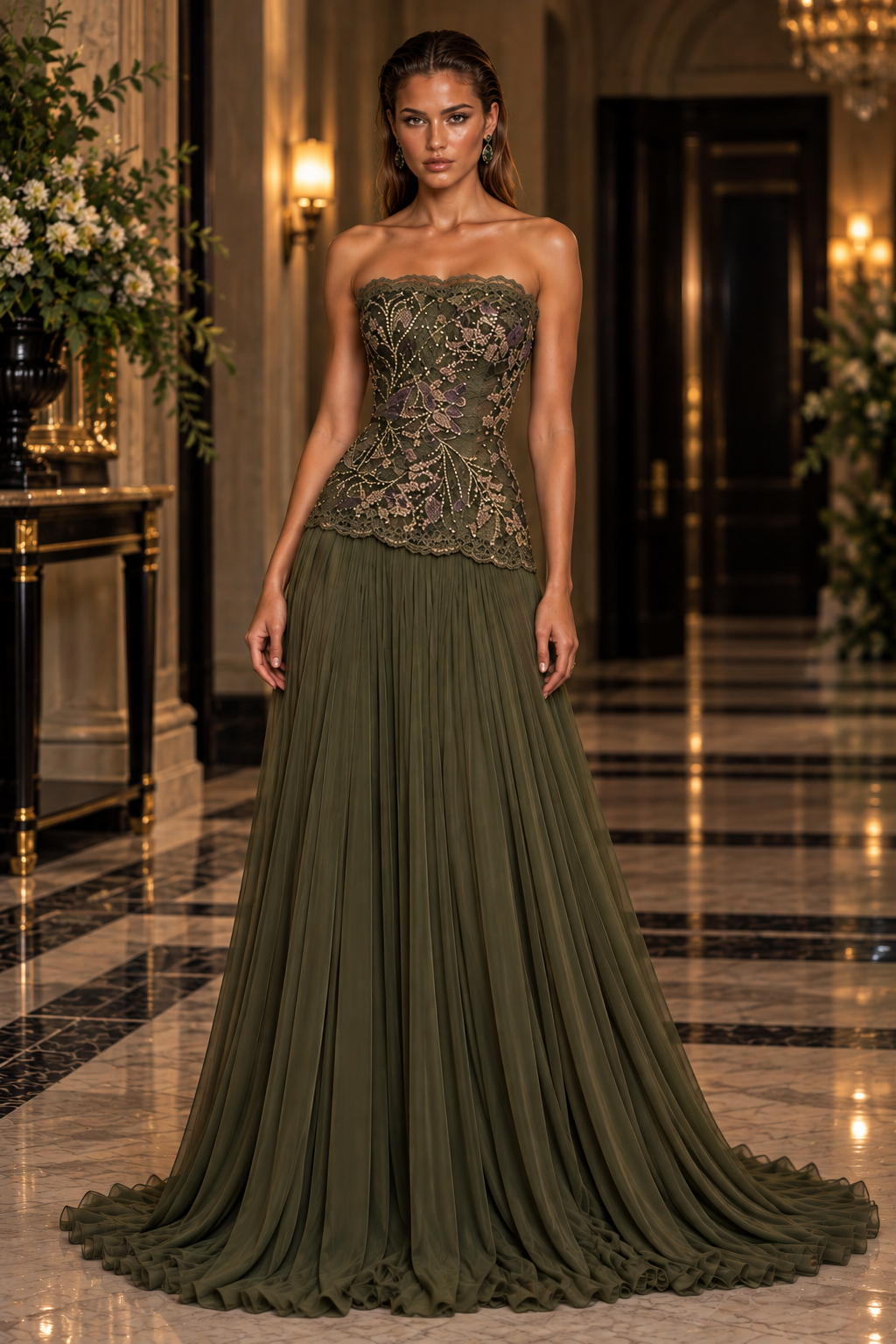 Floral Cascade evening gown in Olive Green with a strapless floral lace bodice, flowing pleated skirt with train and draped scarf.