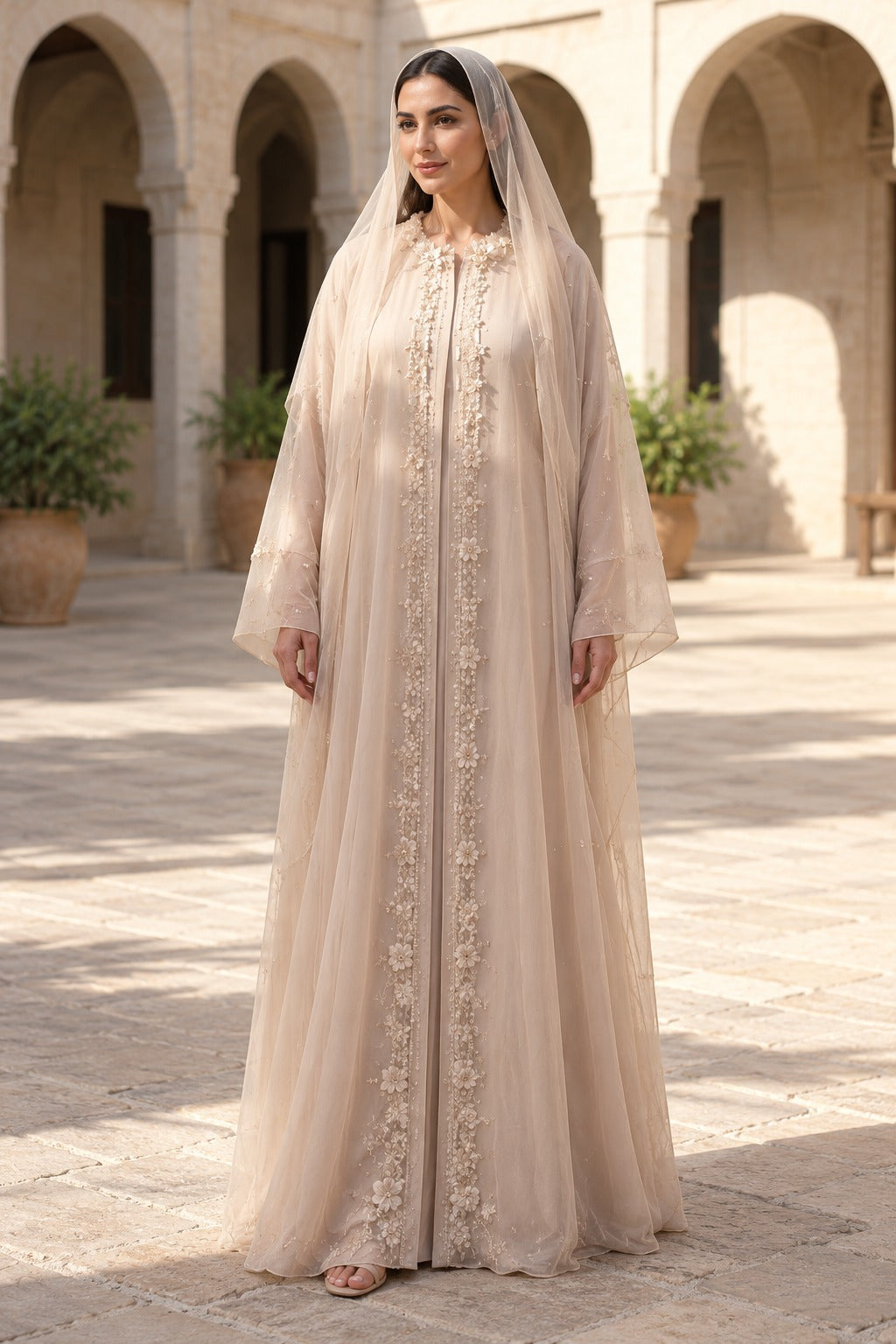 Aurelle champagne beige embellished abaya with floral front detailing, a rounded neckline and long, wide sleeves, front view