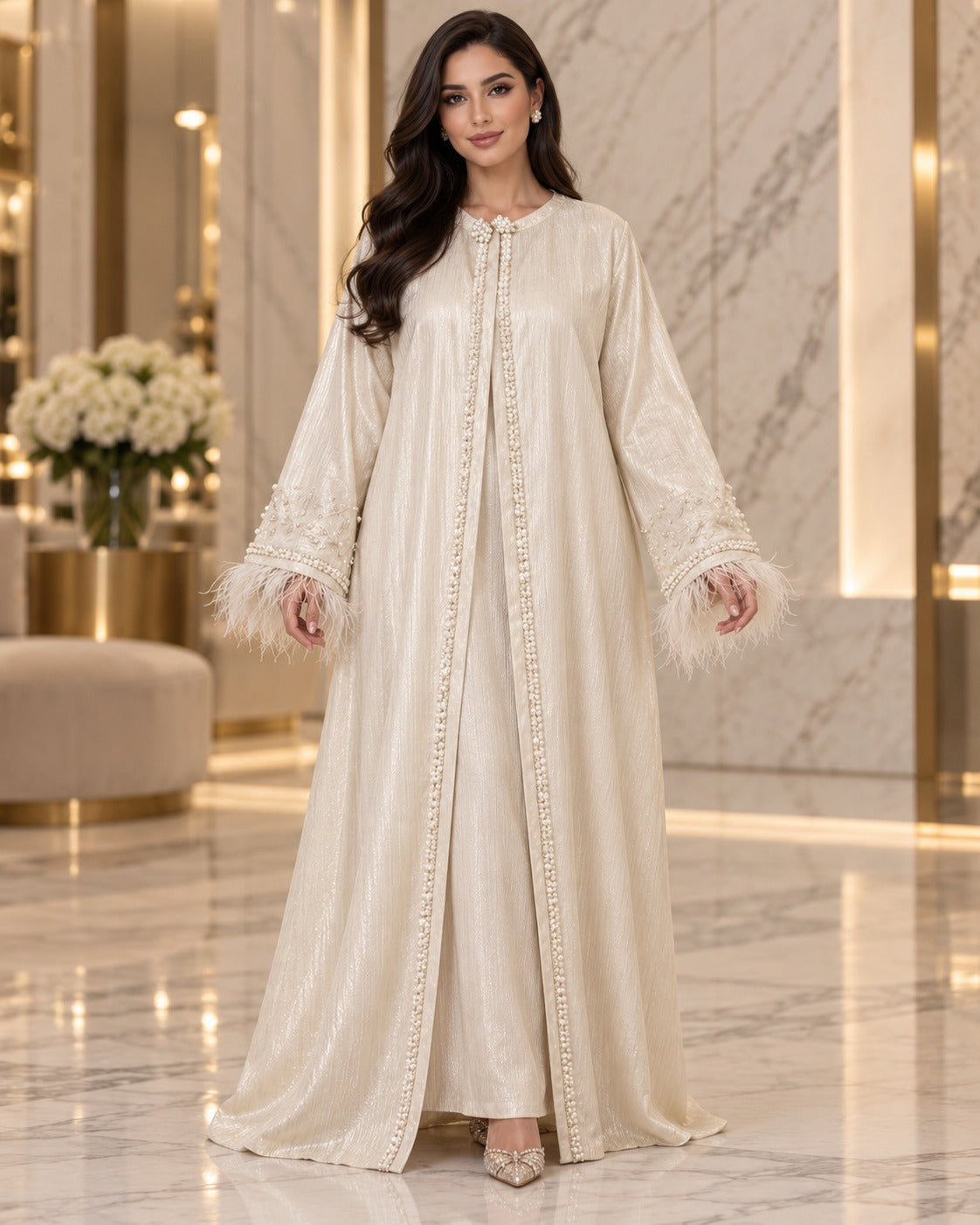 Lulu ivory open-front abaya with pearl-style beaded detailing, long sleeves, feather-trim cuffs and a subtle textured sheen, front view