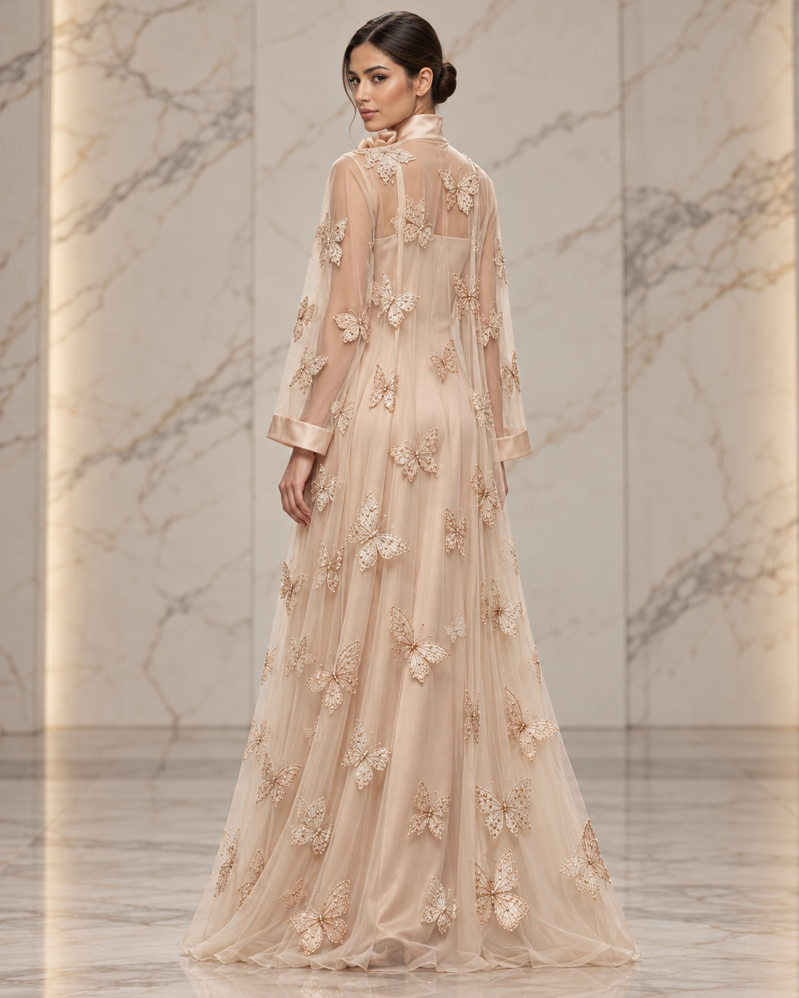 Papillon blush champagne butterfly appliqué abaya with a sheer open front, long sleeves and a loose, flowing silhouette, back view