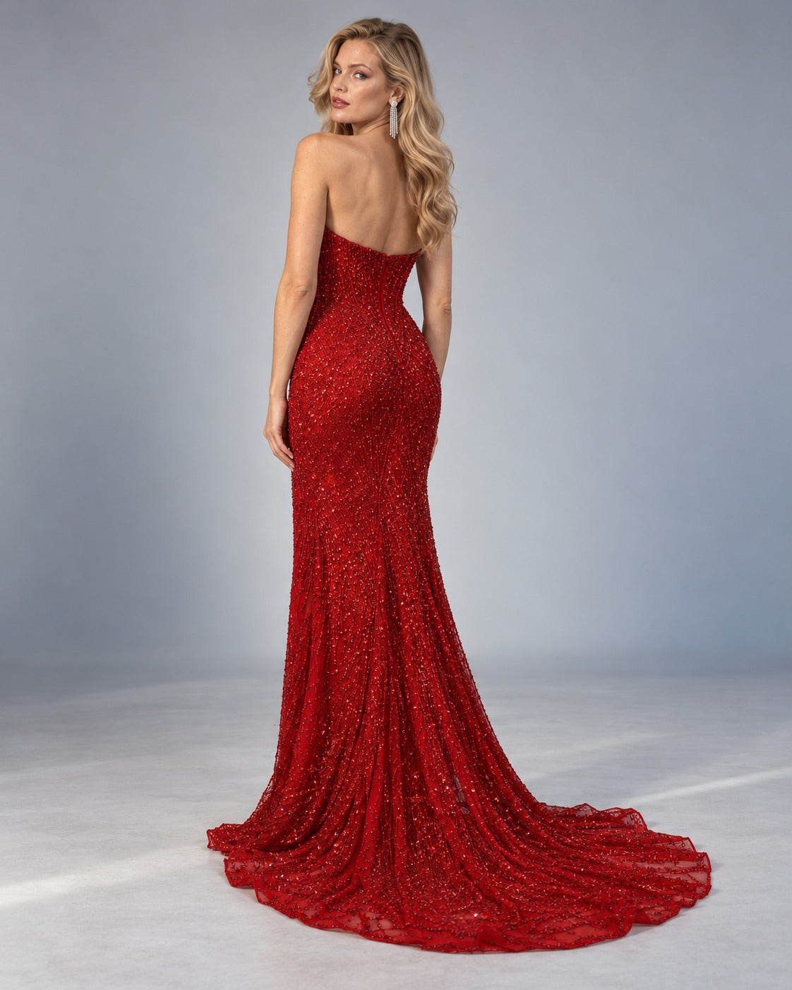 Wave strapless embellished evening gown in Red, back view #Color_Red