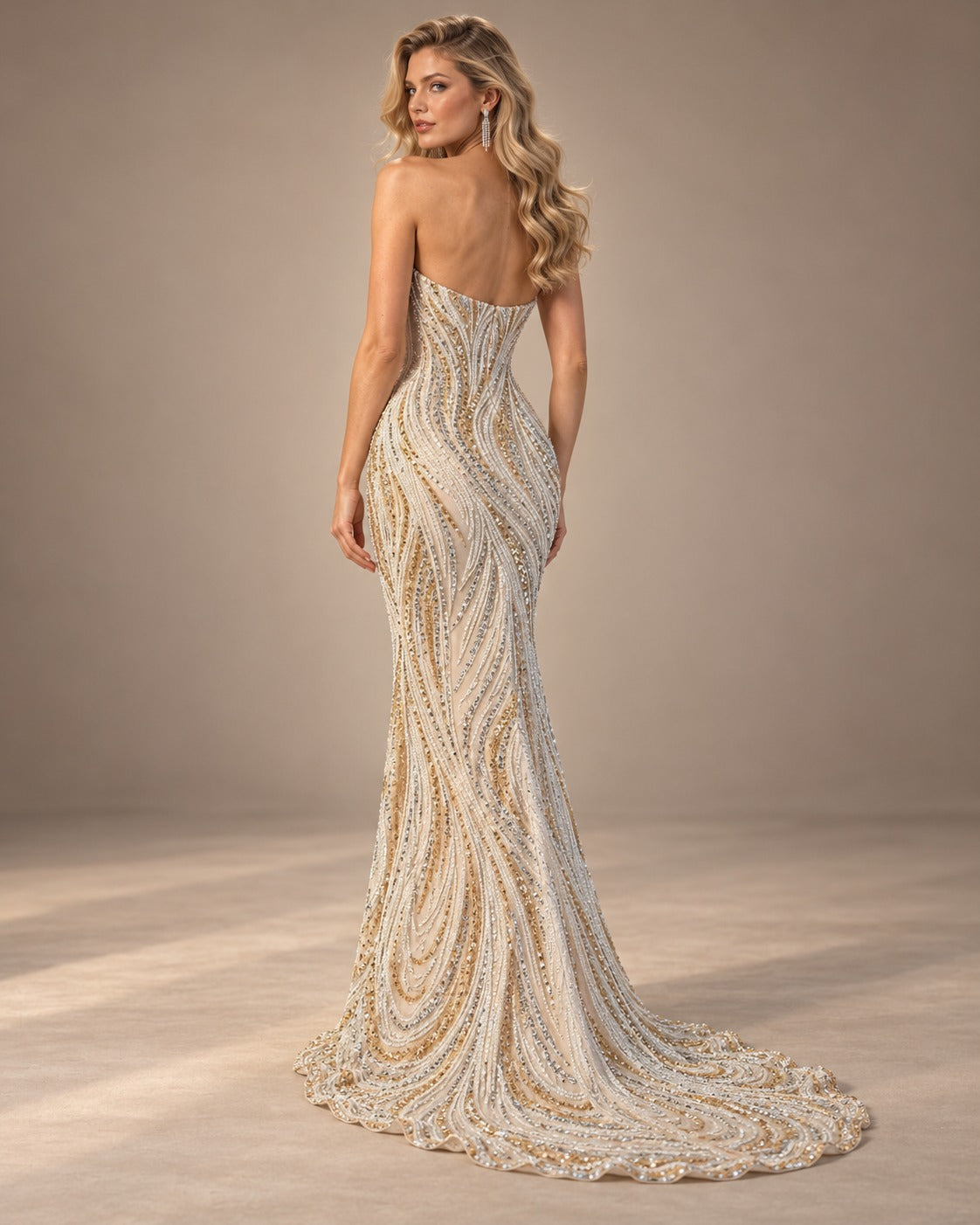 Wave strapless embellished evening gown in Ivory with Silver & Gold, back view #Color_Ivory with Silver & Gold