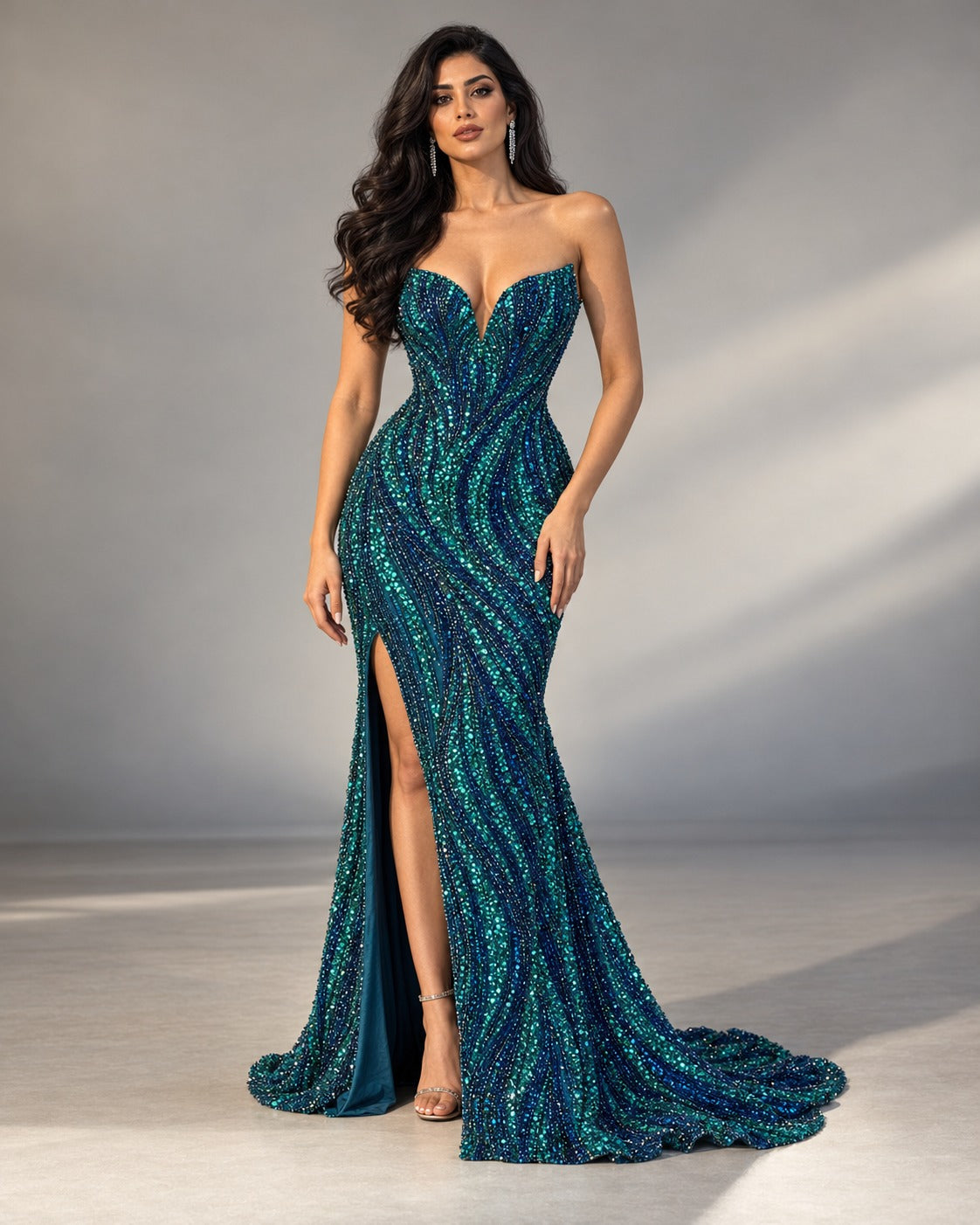 Wave strapless embellished evening gown in Teal & Deep Blue, front view #Color_Teal & Deep Blue