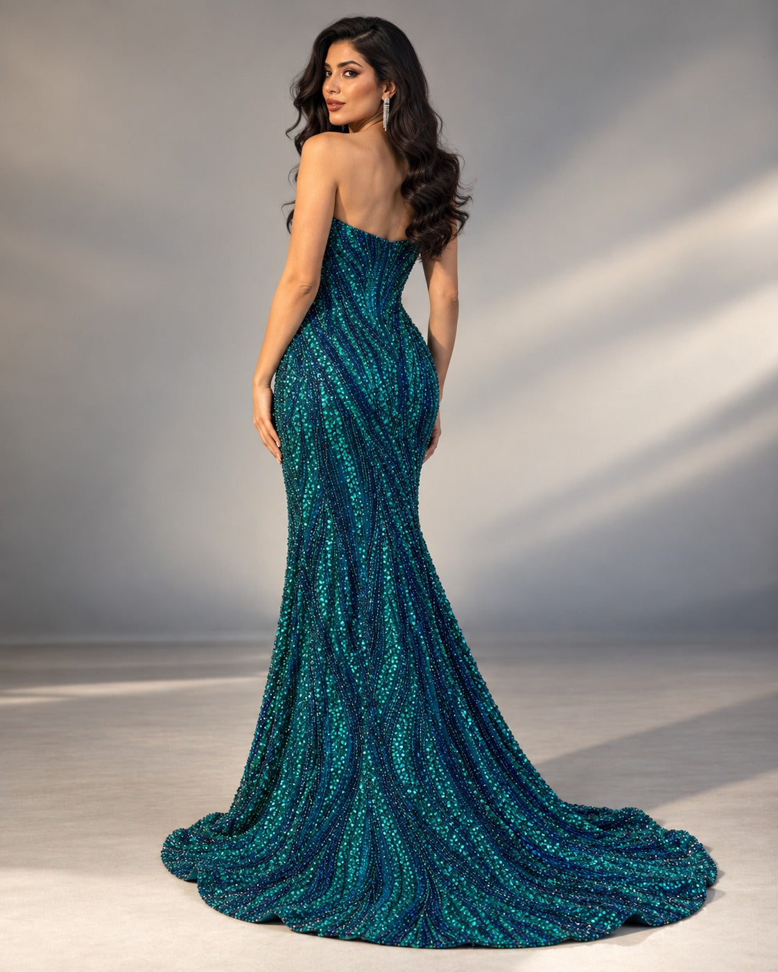 Wave strapless embellished evening gown in Teal & Deep Blue, back view #Color_Teal & Deep Blue