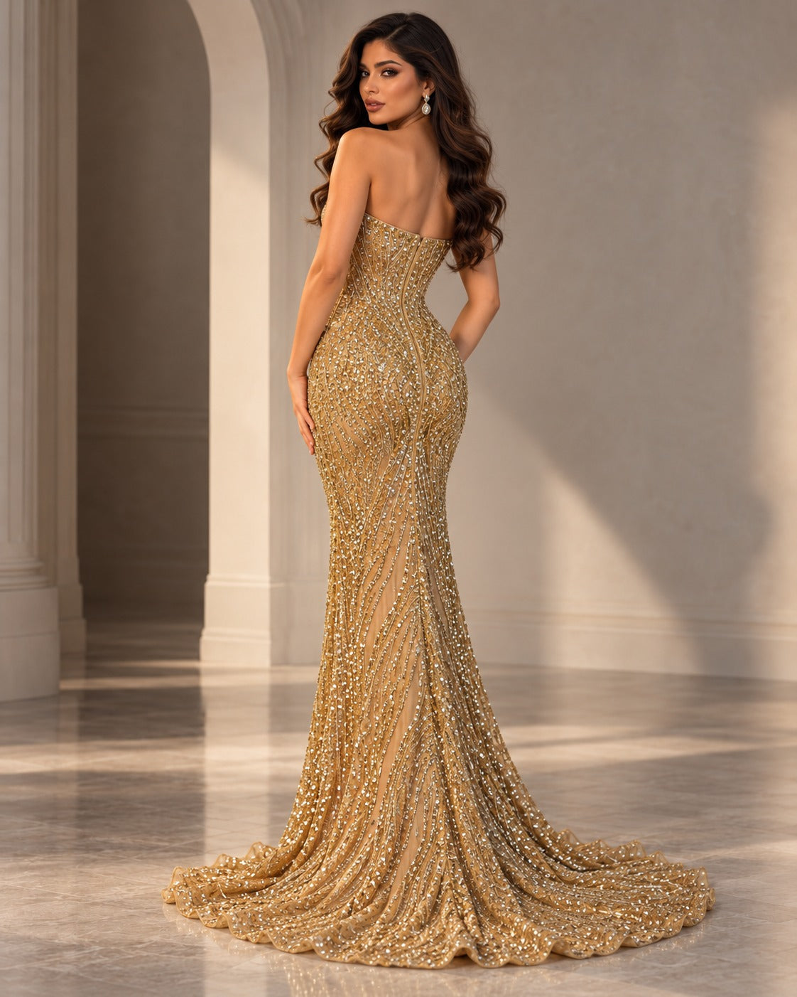 Wave strapless embellished evening gown in Gold, back view #Color_Gold
