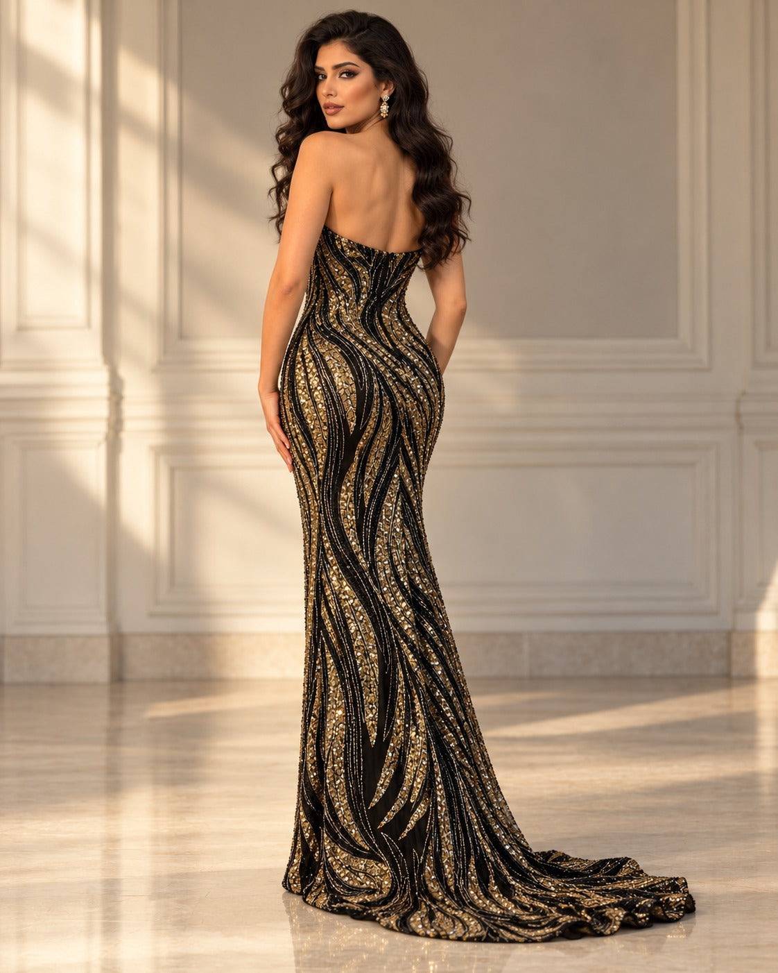 Wave strapless embellished evening gown in Black-Gold, back view #Color_Black-Gold