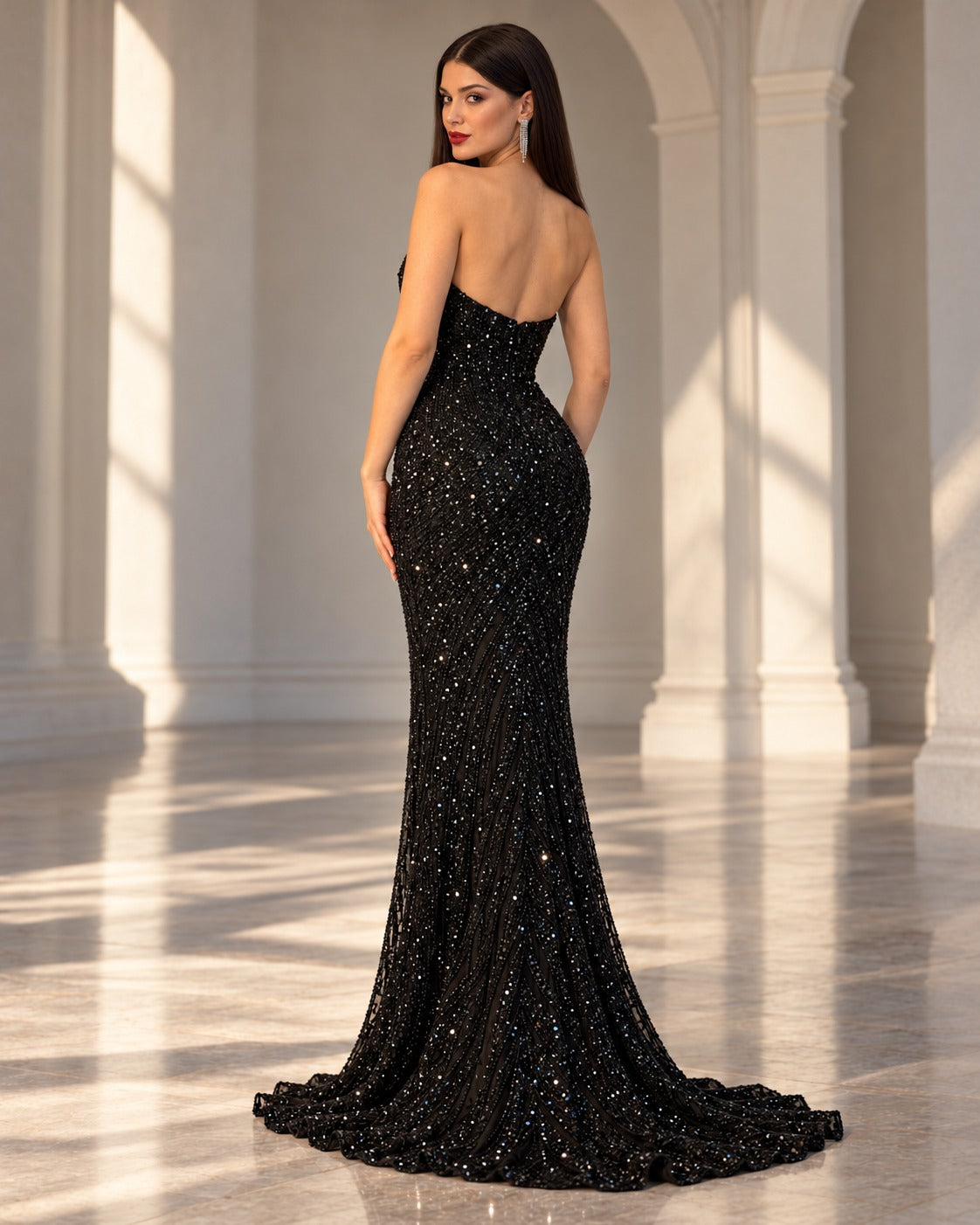 Wave strapless embellished evening gown in Black, back view #Color_Black