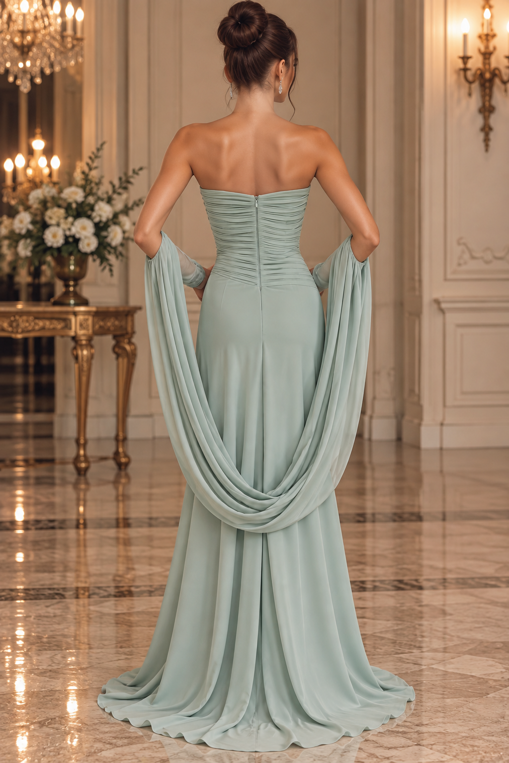 Sage Cascade pale sage green draped evening gown with a pleated strapless bodice and flowing sleeves.