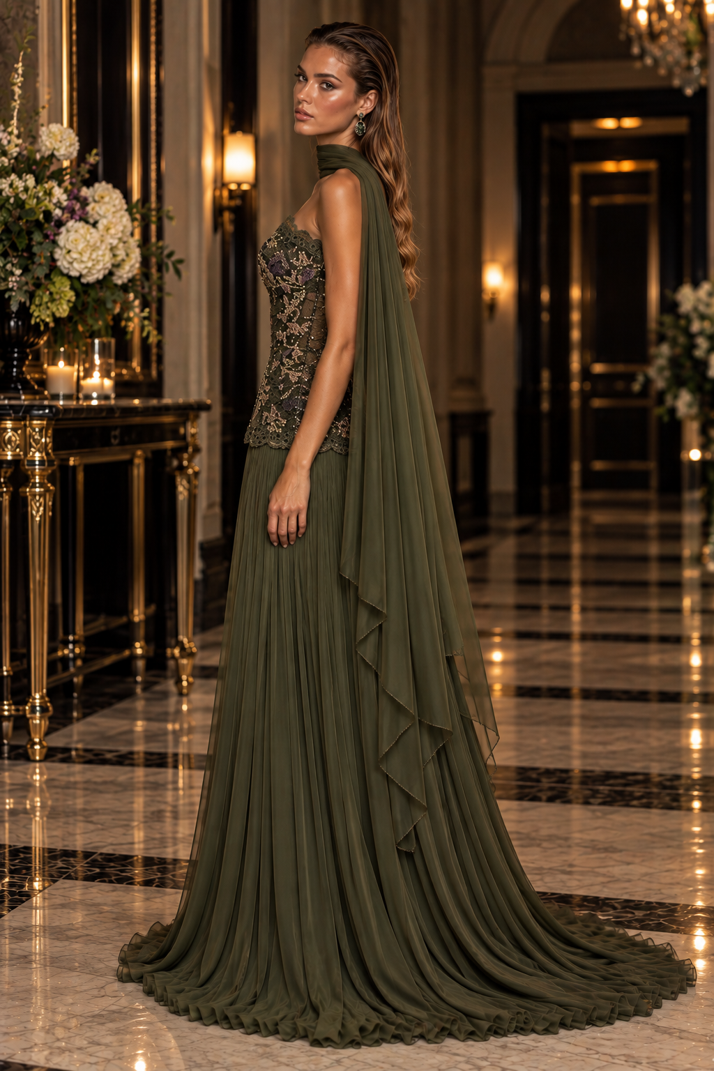 Floral Cascade evening gown in Olive Green with a strapless floral lace bodice, flowing pleated skirt with train and draped scarf.