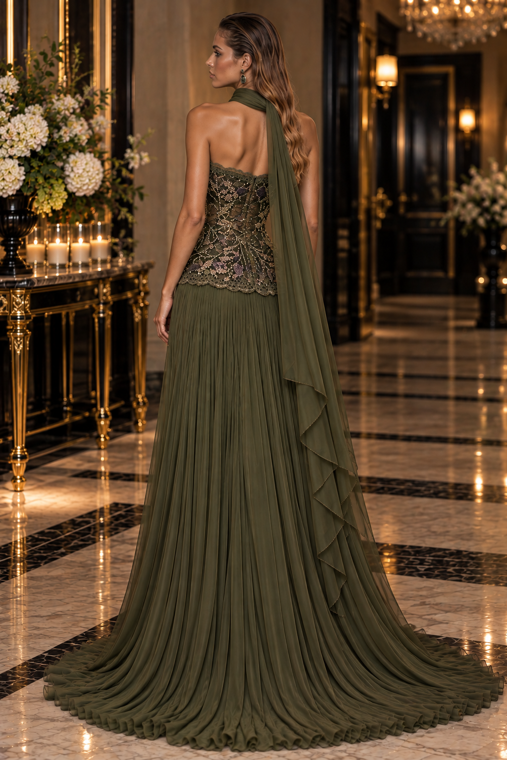Floral Cascade evening gown in Olive Green with a strapless floral lace bodice, flowing pleated skirt with train and draped scarf.