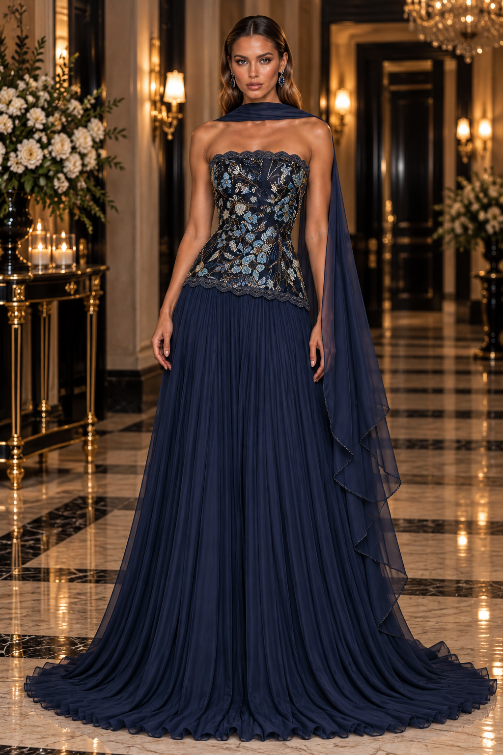 Floral Cascade evening gown in Navy Blue with a strapless blue and gold floral beaded bodice, flowing pleated skirt with train and draped scarf.