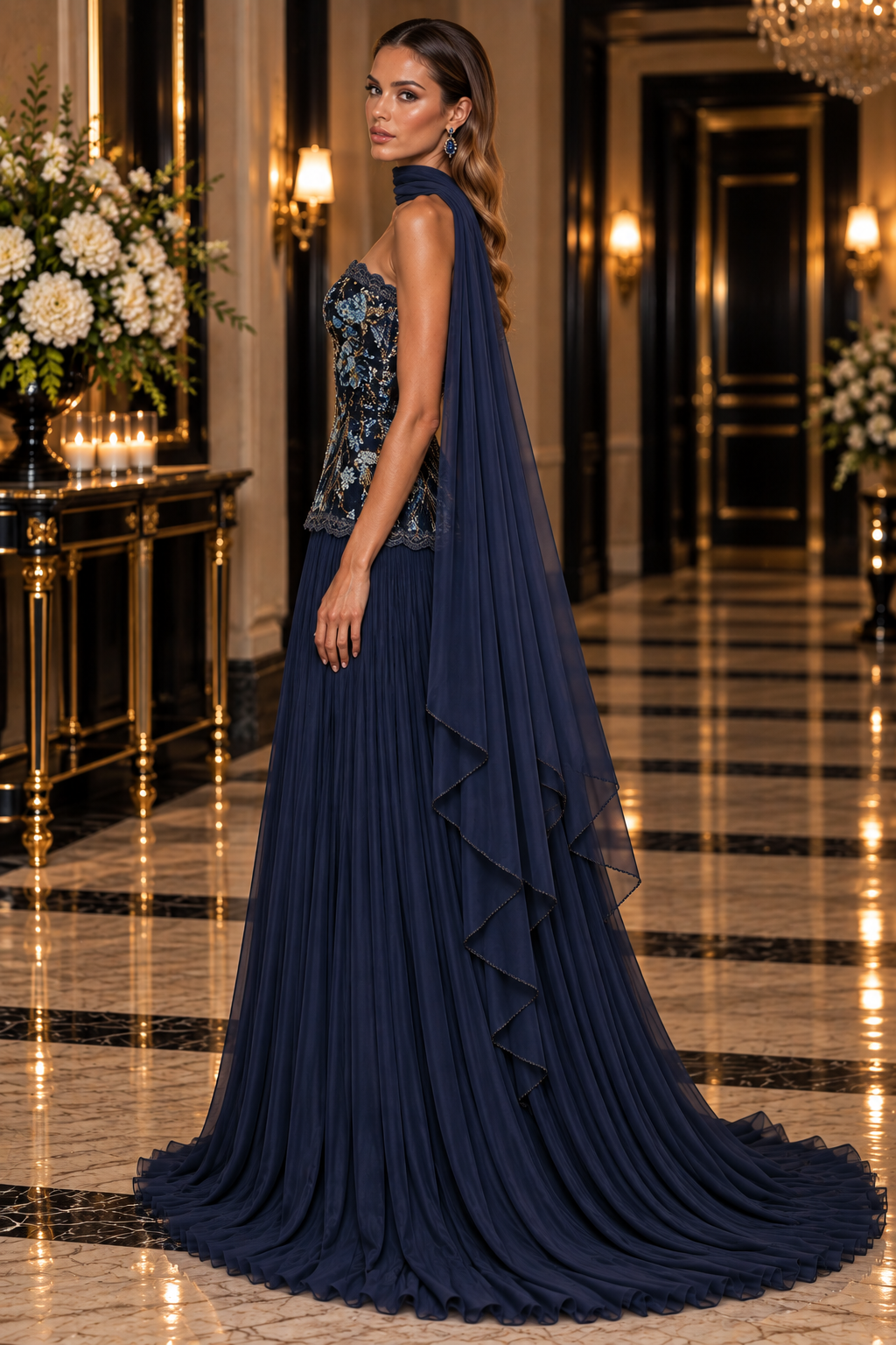 Floral Cascade evening gown in Navy Blue with a strapless blue and gold floral beaded bodice, flowing pleated skirt with train and draped scarf.
