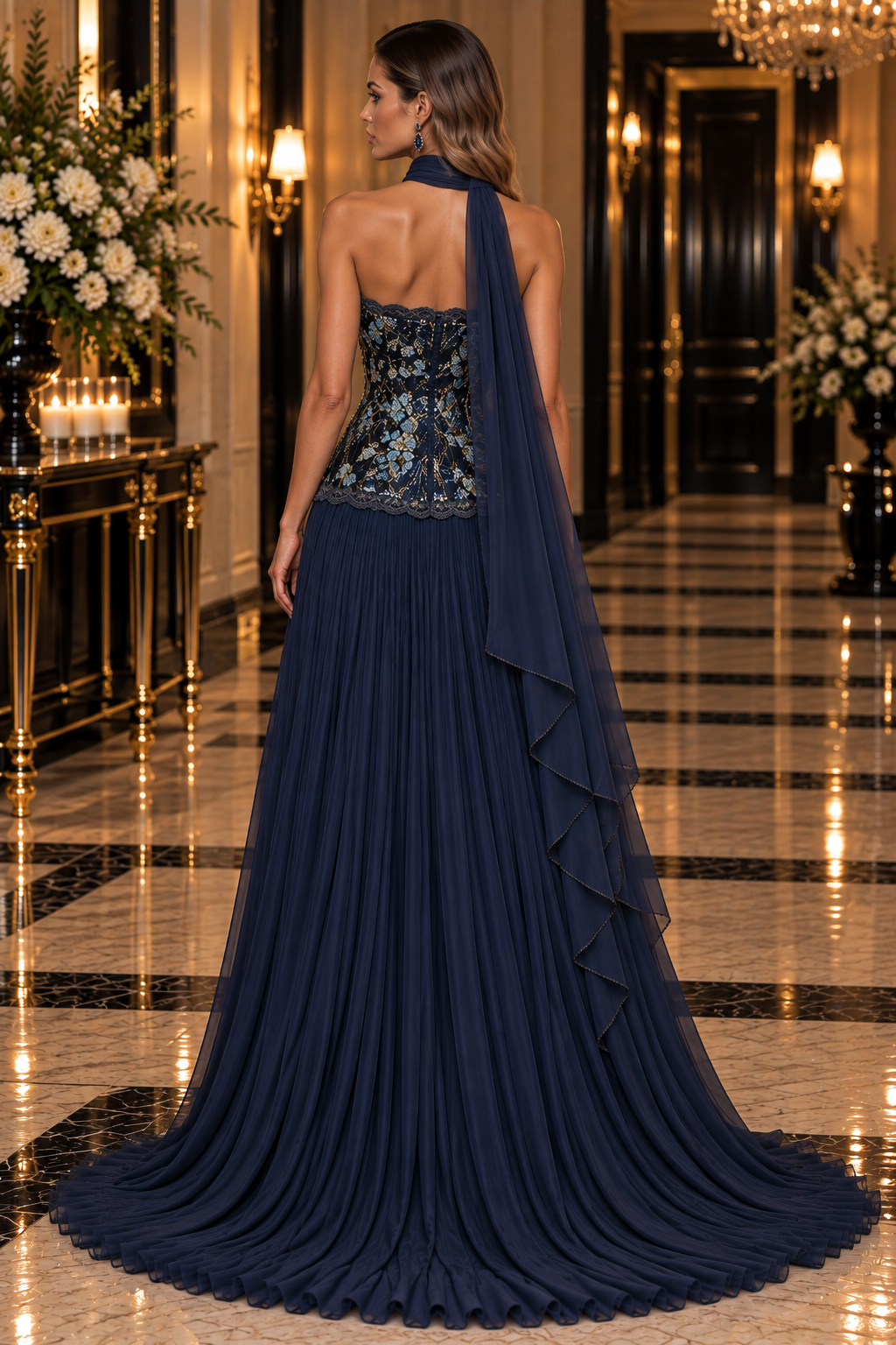 Floral Cascade evening gown in Navy Blue with a strapless blue and gold floral beaded bodice, flowing pleated skirt with train and draped scarf.
