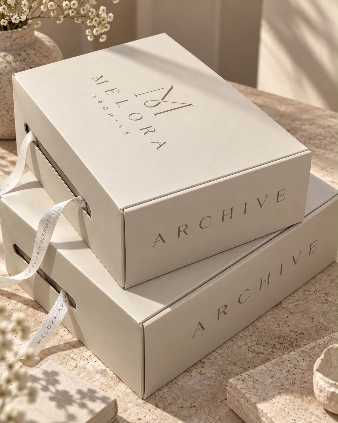 Two Melora Archive ivory gift boxes with ribbon handles