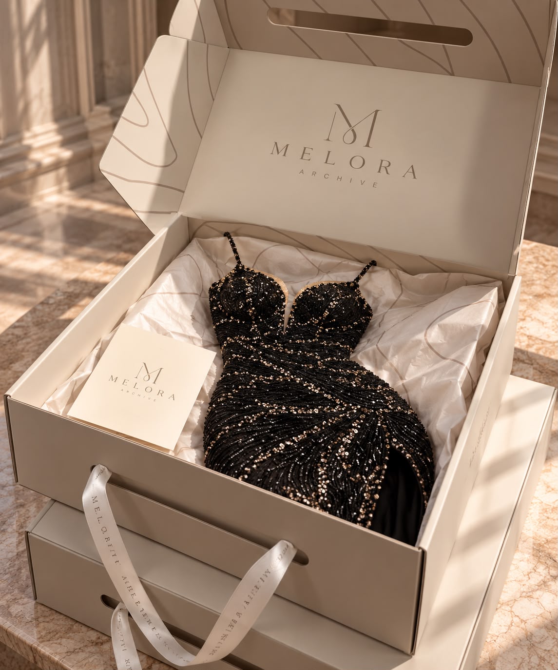 Open Melora Archive box with a black embellished dress in tissue
