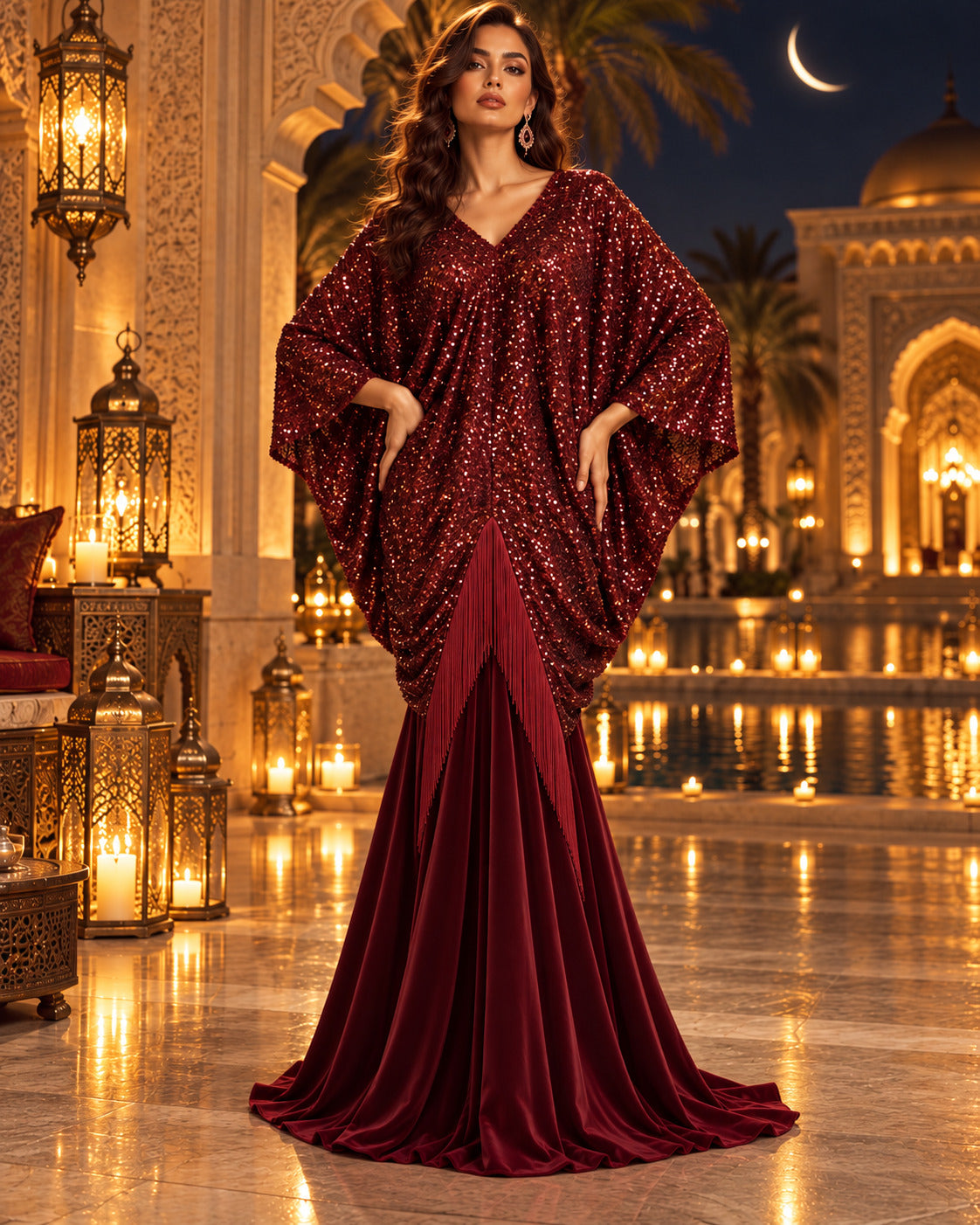 Ruby Muse deep burgundy sequined evening gown with batwing sleeves, draped bodice and a floor-length pleated skirt.